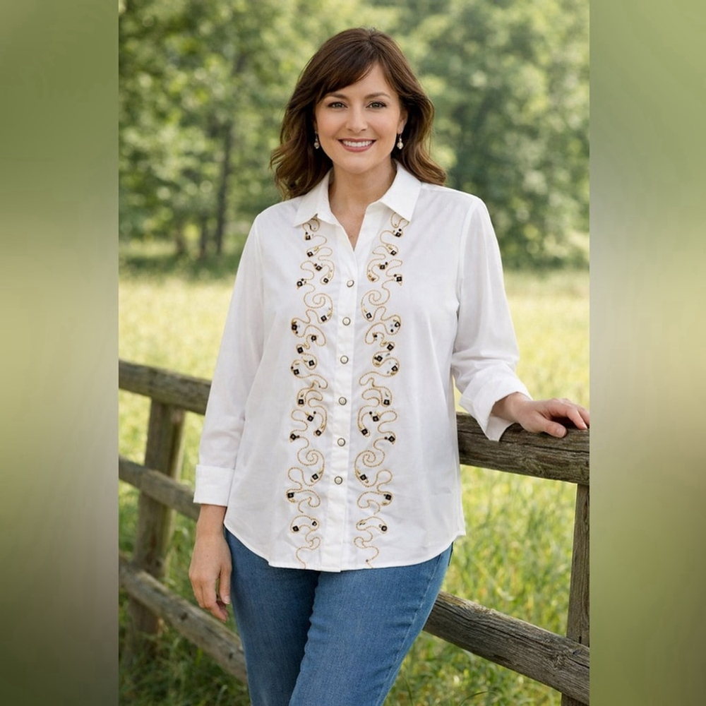 TanJay Embroidered Beaded Blouse Size 12P Petite NWOT
